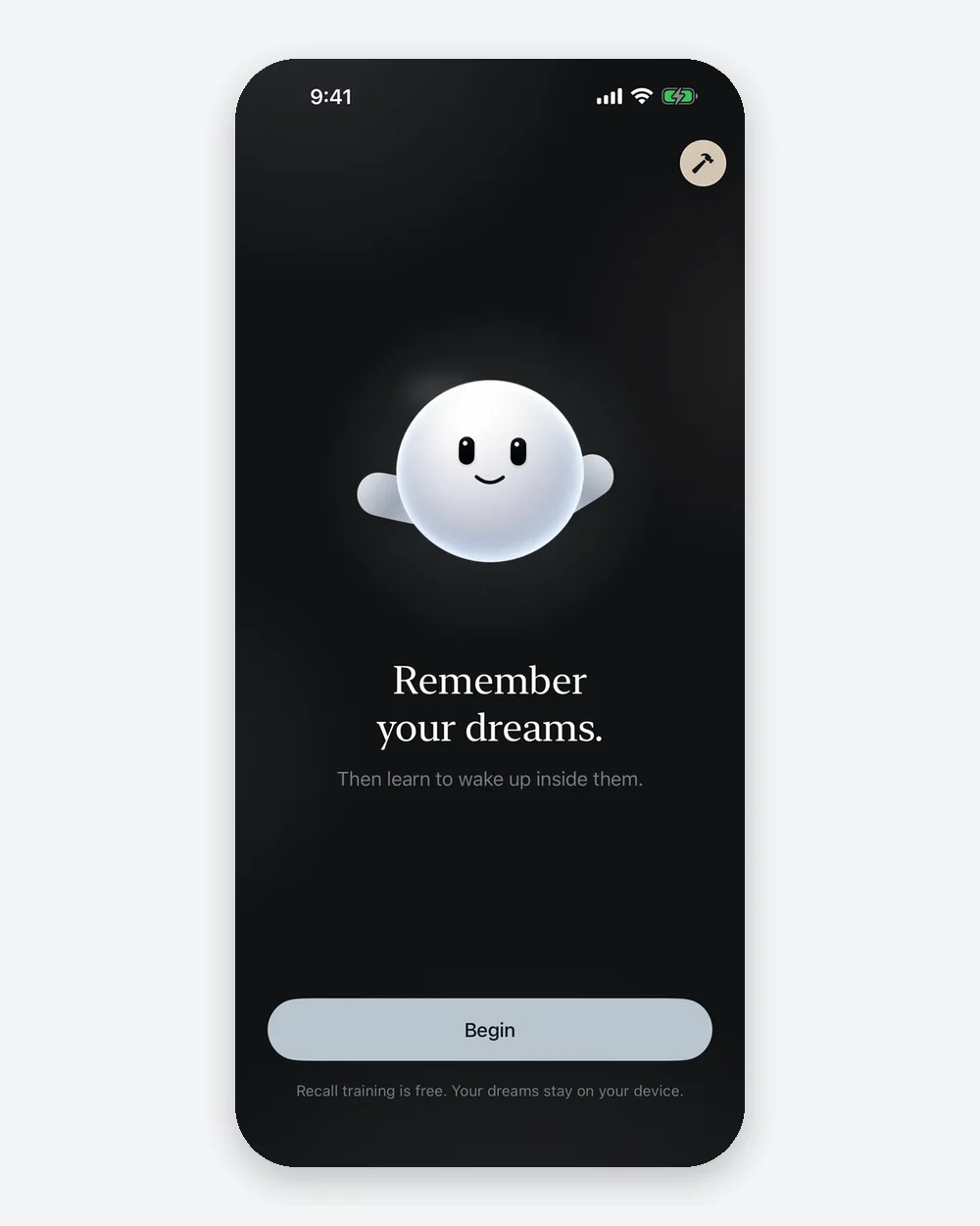 The real first screen of Lucid Lock: Whisp, 'Remember your dreams', and a Begin button