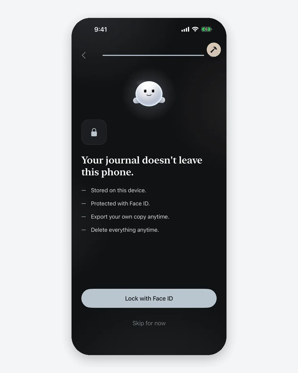 The shipped privacy screen: stored on this device, protected with Face ID, export anytime, delete anytime