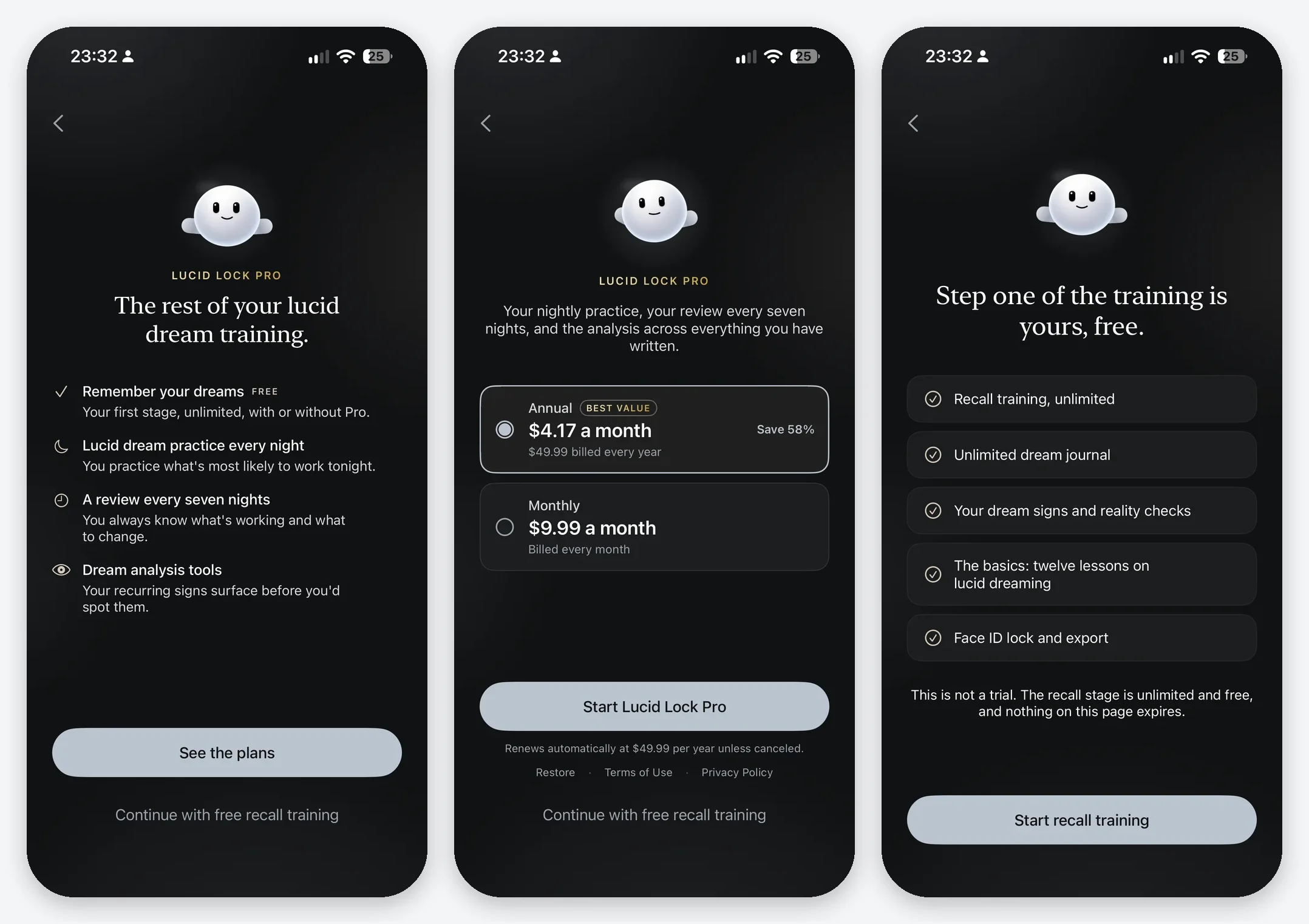 The Lucid Lock Pro pitch, the paywall with annual and monthly plans, and the free recall-training screen shown if you skip