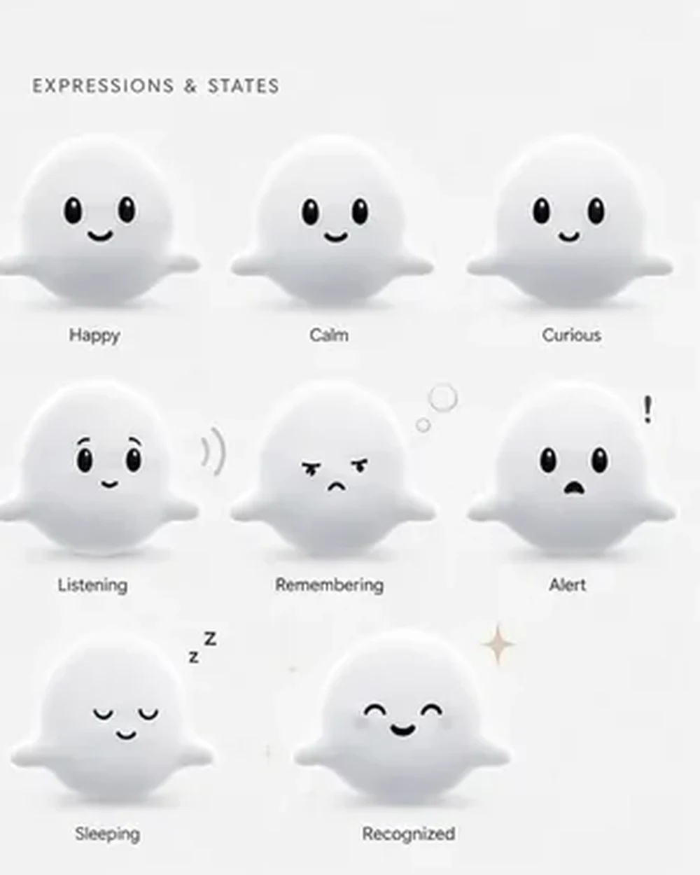 Whisp's expressions and states on the brand board: happy, calm, curious, listening, remembering, alert, sleeping, recognized