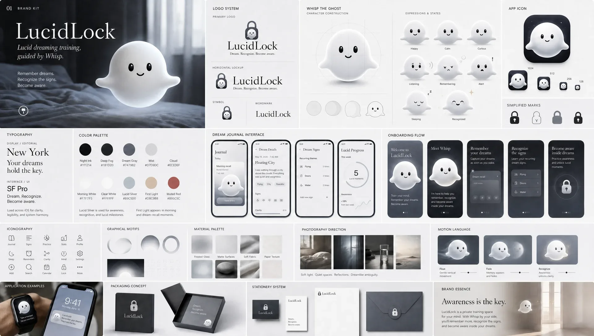 The full Lucid Lock brand board: logo system, Whisp construction, app icon, typography, palette, journal interface, onboarding flow, motion language