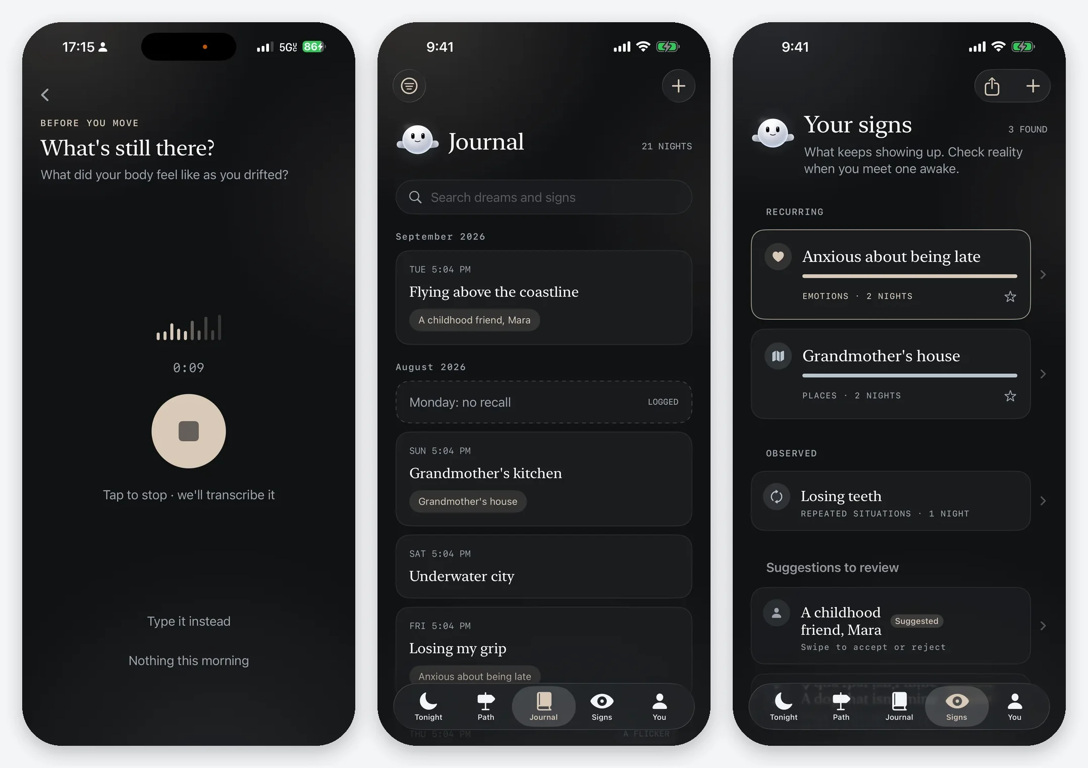 Three shipped screens: morning voice capture, the journal, and dream signs