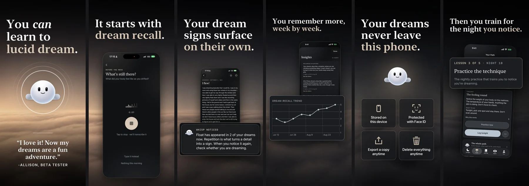 The six shipped App Store screenshots: You can learn to lucid dream; It starts with dream recall; Your dream signs surface on their own; You remember more, week by week; Your dreams never leave this phone; Then you train for the night you notice